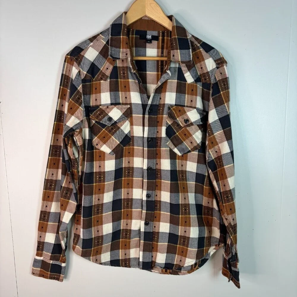 Frye Flannel Shirt Small Brown Plaid Long Sleeve Button-Up Cotton Men's - Picture 1 of 9